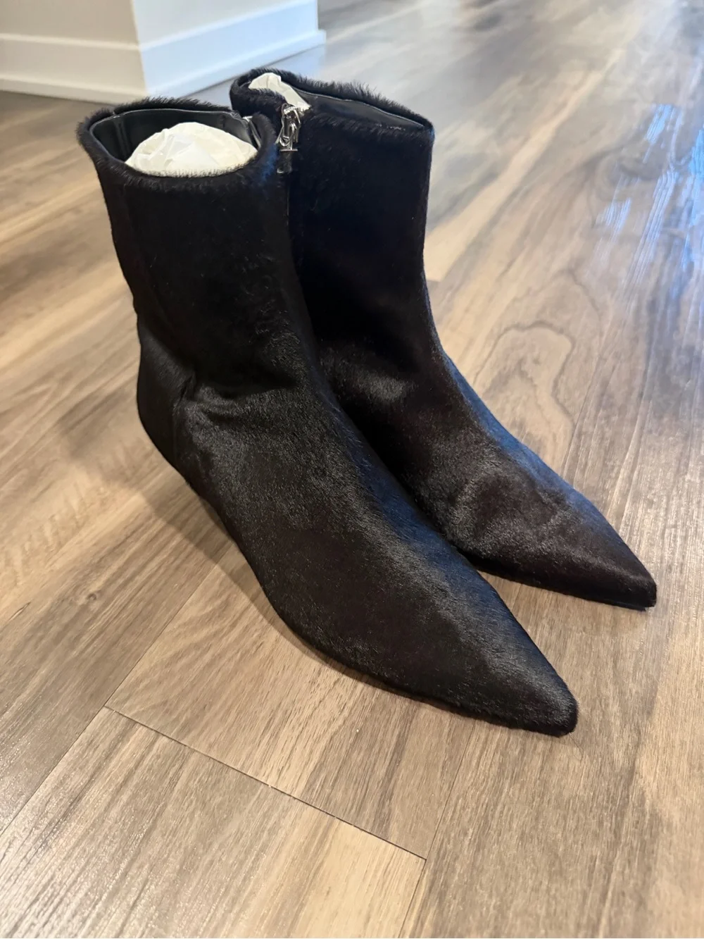 Aeyde Sofie Pony Hair Black Pointed Ankle Boots with Kitten Heel